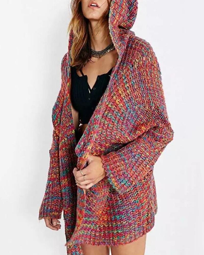 

Colorblock Long Sleeve Hooded Knit Cardigan, Red