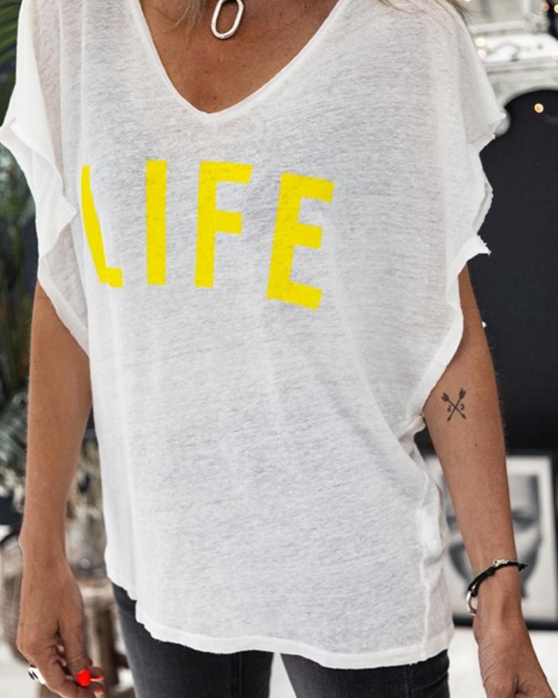 

V Neck Letter Print Casual T-shirt, White