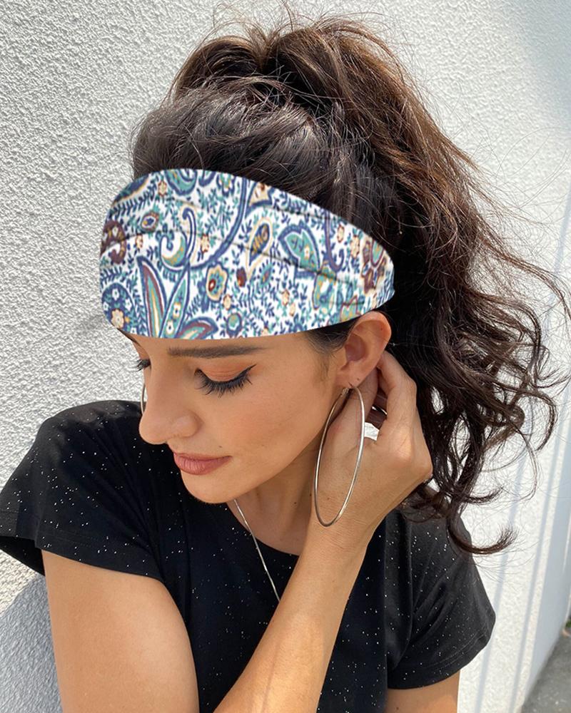 

Floral Print Yoga Running Elastic Headwraps Hair Band, Blue