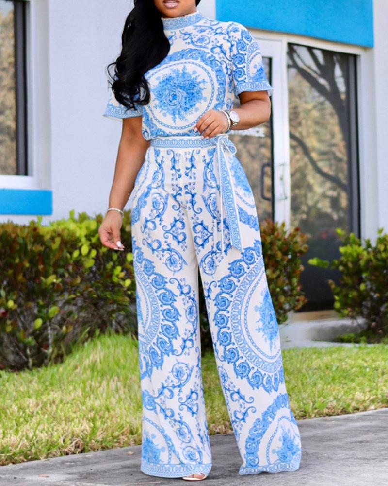 

Scarf Print Wide Leg Belted Jumpsuit