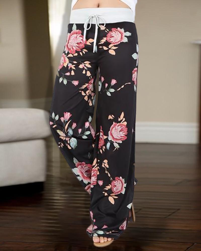 

High Waist Floral Print Casual Pants, Pink