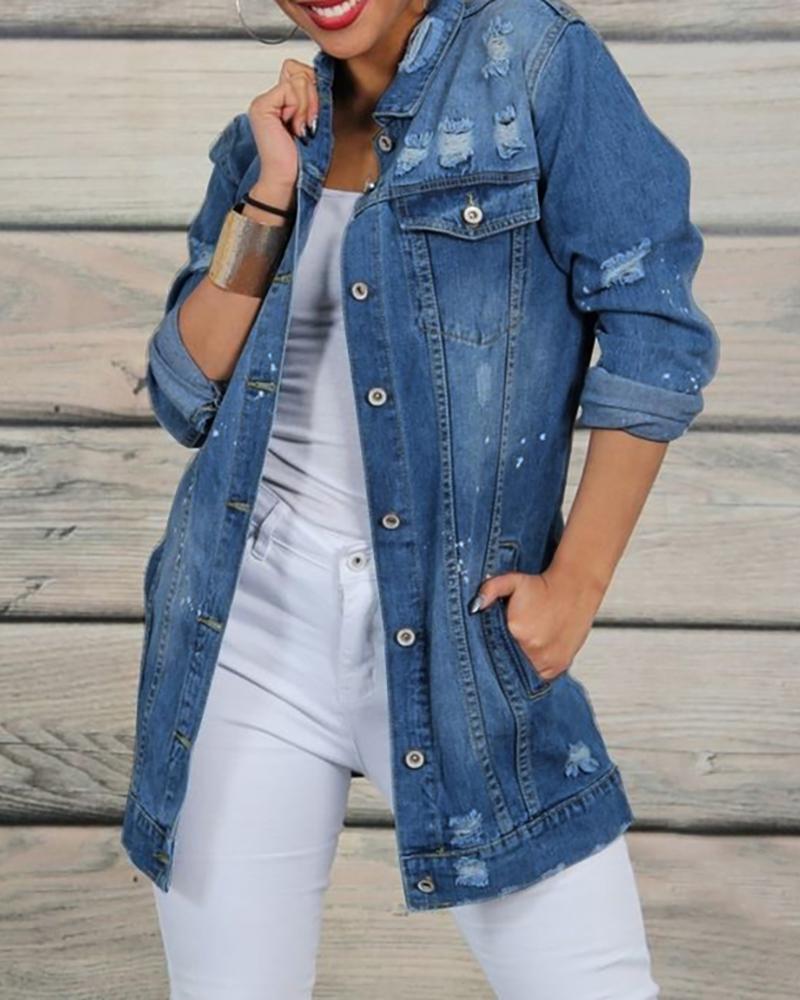 

Ripped Button Design Denim Coat, Dark blue