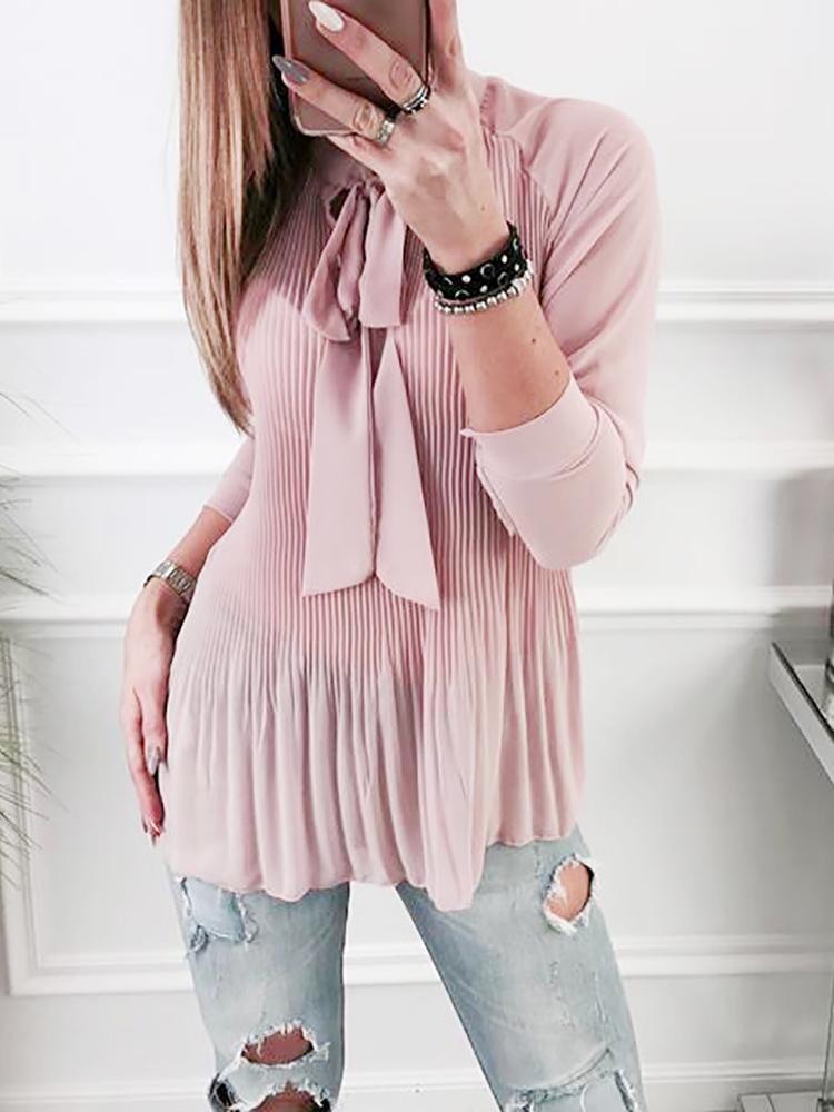 

Casual Pleated Bowtie Solid Color Blouses, Pink;white