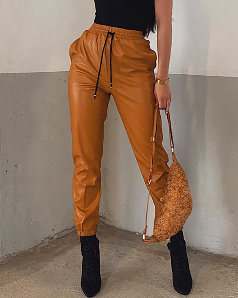 

Solid High Waist Drawstring PU Slinky Pants, Orange