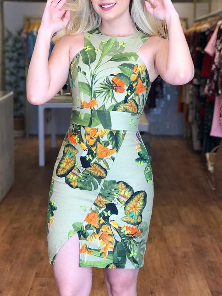 

Plant Print Slit Bodycon Mini Dress