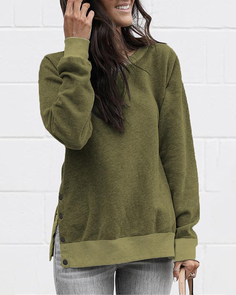 

Button Slit Side Long Sleeve Sweatshirt, Army green