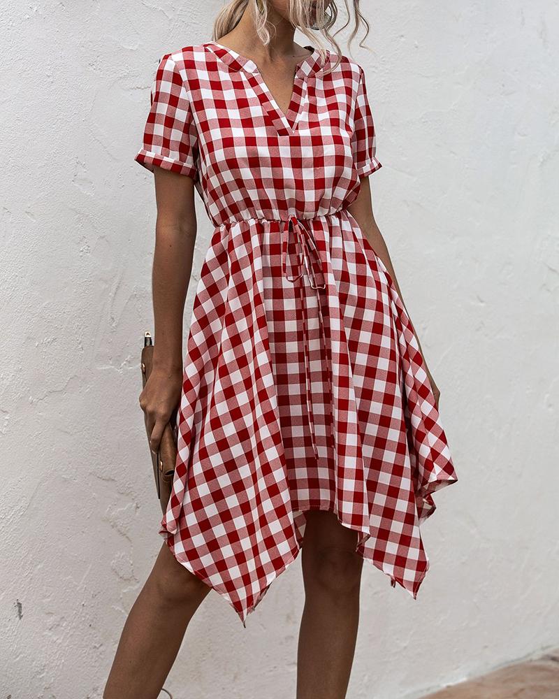 

Gingham Print V Neck Midi Dress, Red