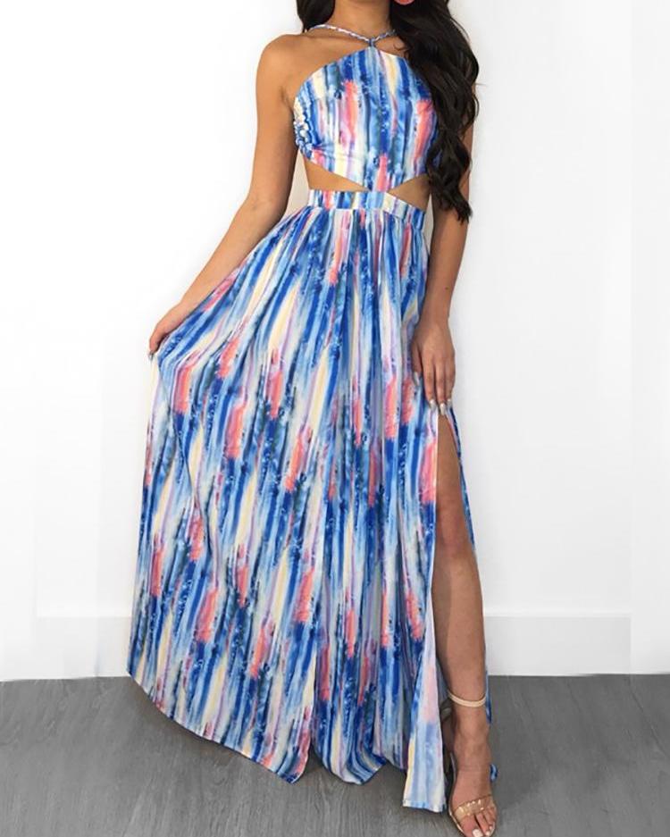 

Tie Dye Open Back Halter Slit Dress