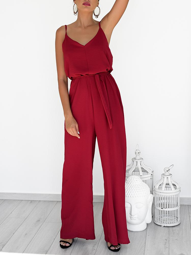 

Solid V Neck Tie Waist Spaghetti Strap Jumpsuit