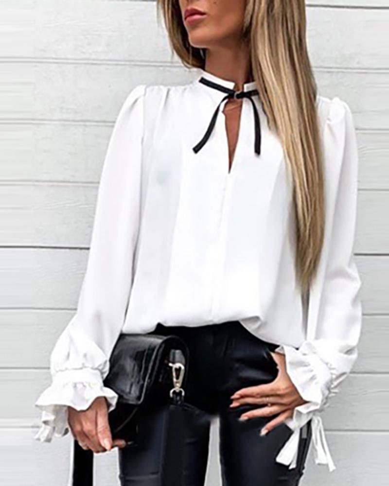 

Solid Ruffles Cuff Tied Neck Shirt, White