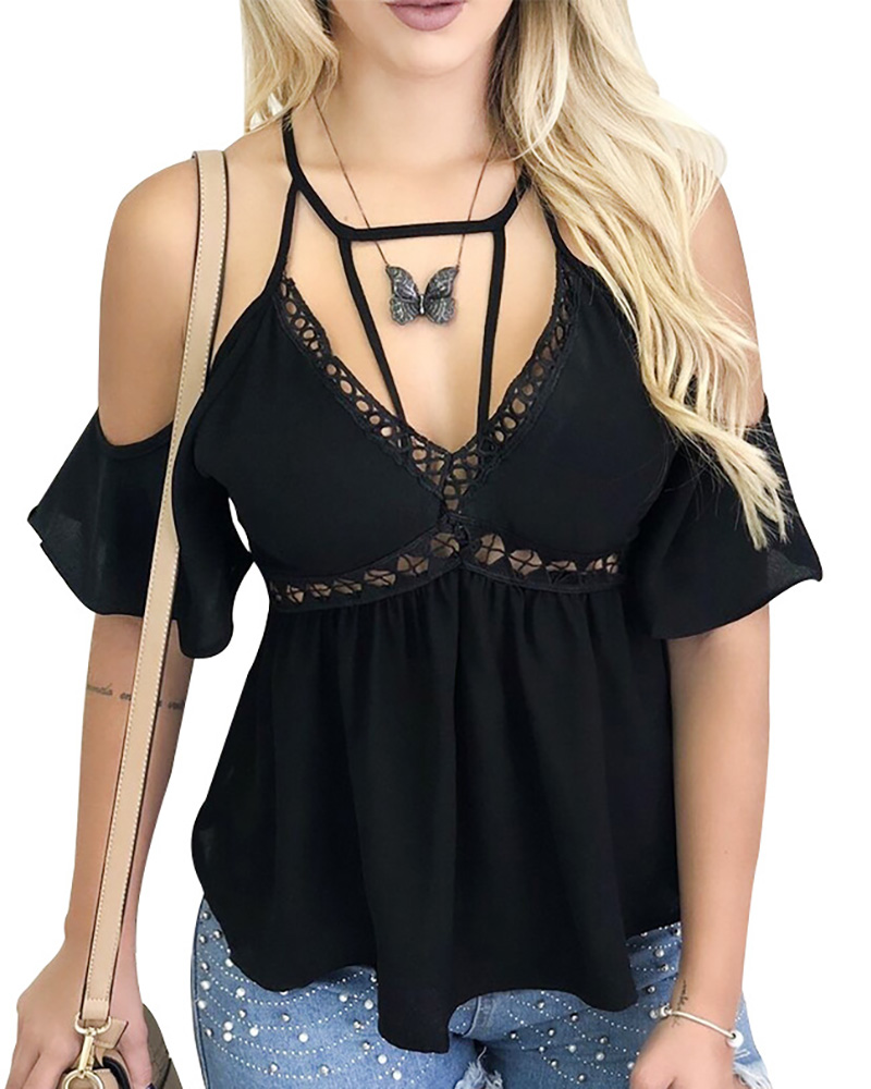 

Cold Shoulder Hollow-Out V Neck Tops