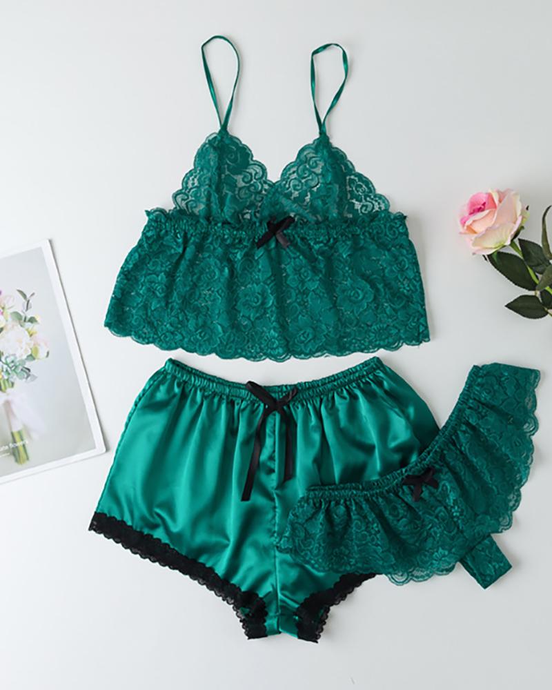 

Spaghetti Strap Lace Trim Sleepwear Three-piece, Green