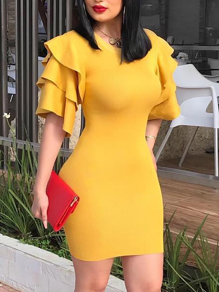 

Solid Layered Ruffle Sleeve Bodycon Dress, Yellow