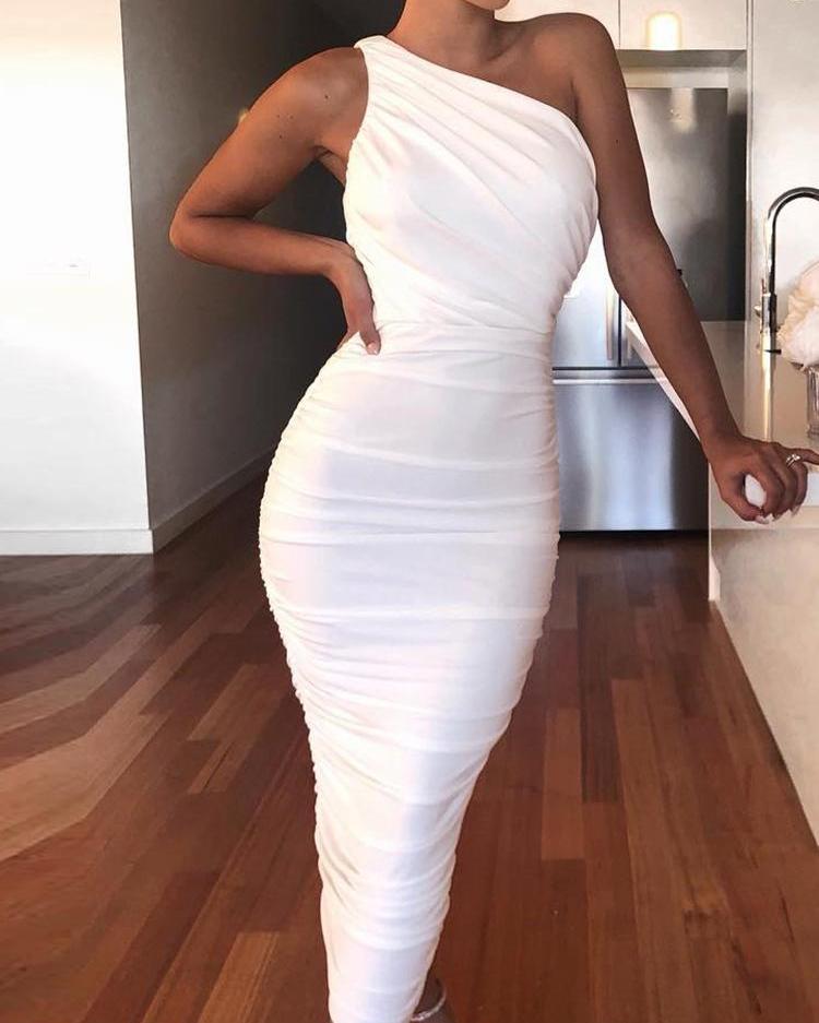 

One Shoulder Scrunched Bodycon Dress, White