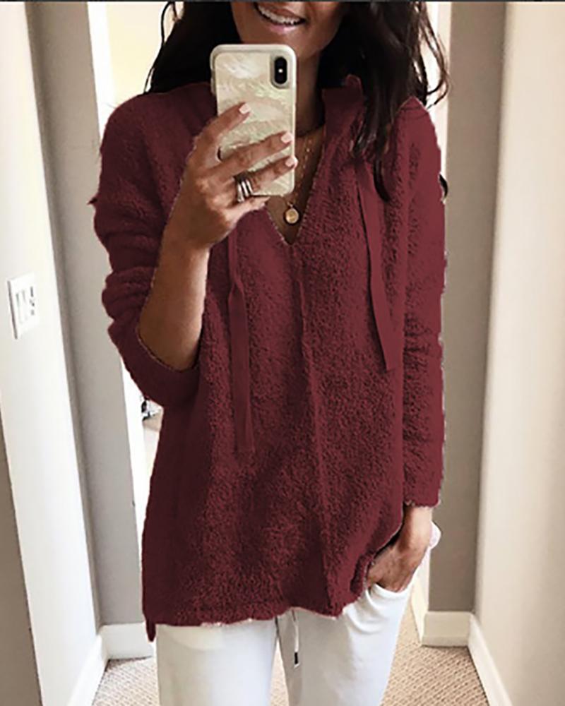 

Solid Fluffy Drawstring Design Casual Hoodie