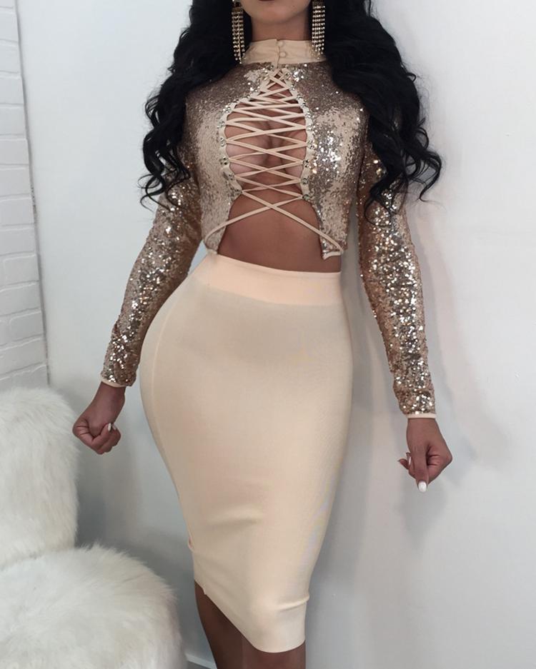 

Reversible Sequins Lace-Up Cropped Two-Pieces Dress
