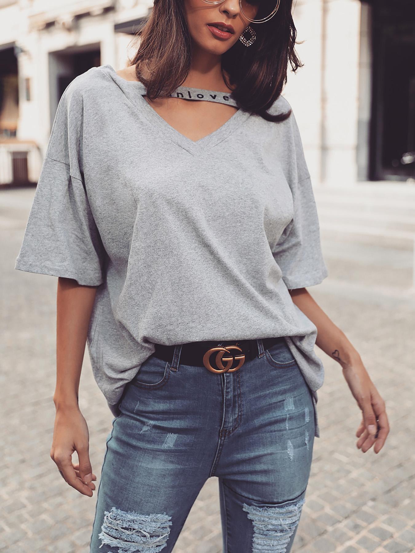 

Letter Print Double V-Neck Cut Out T-Shirt