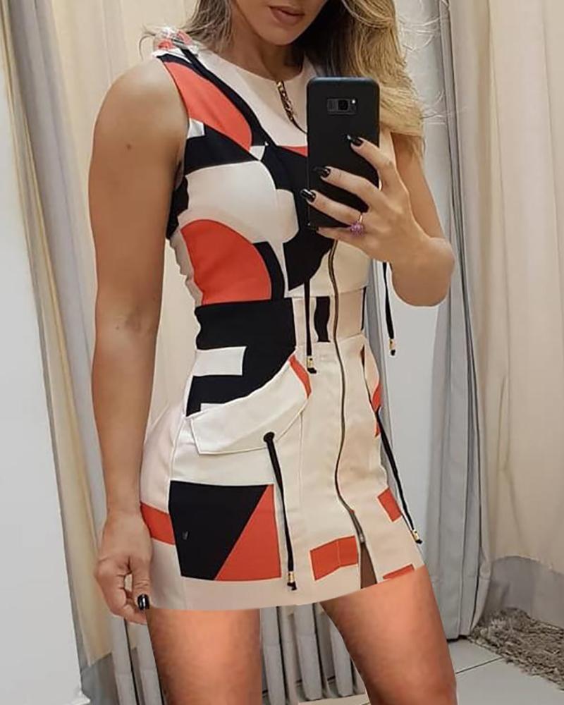 

Colorblock Zipper Design Sleeveless Dress, White