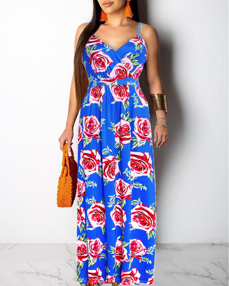 

Spaghetti Strap Print Maxi Dress, Blue