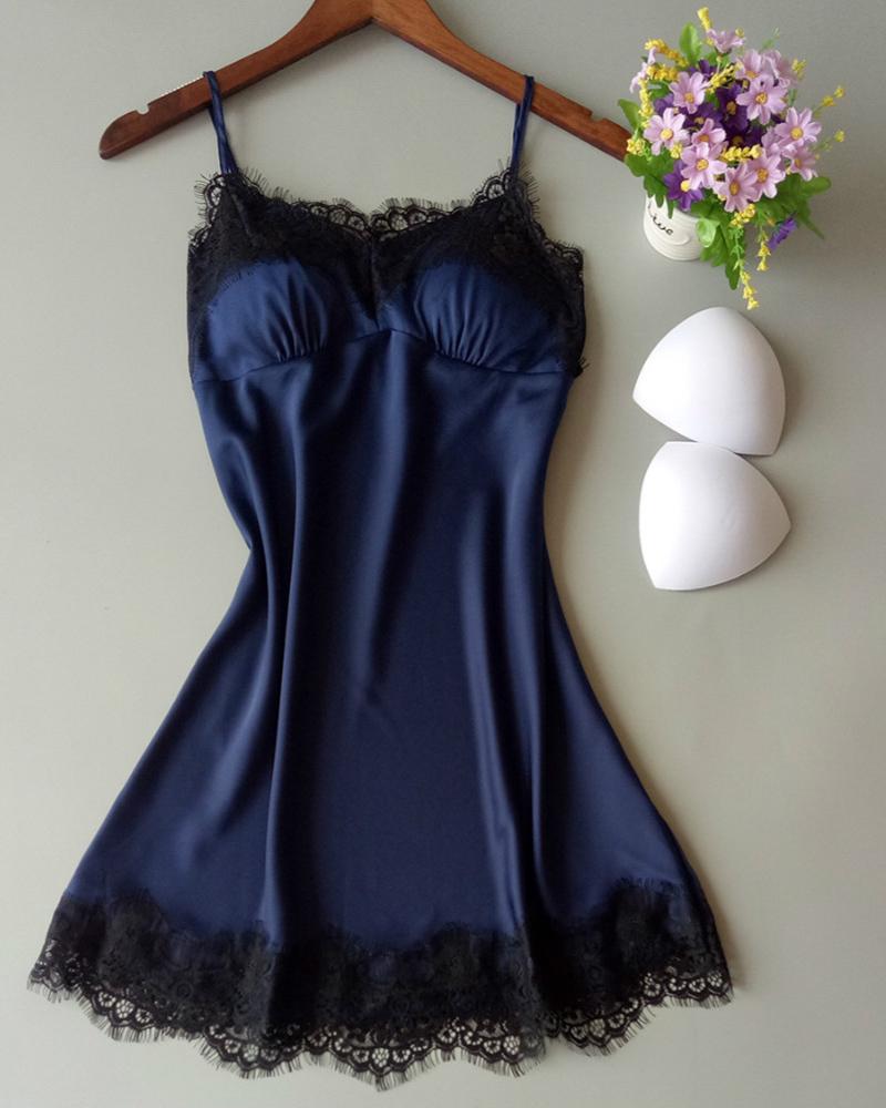 

Spaghetti Strap Lace Trim Cami Dress, Dark blue