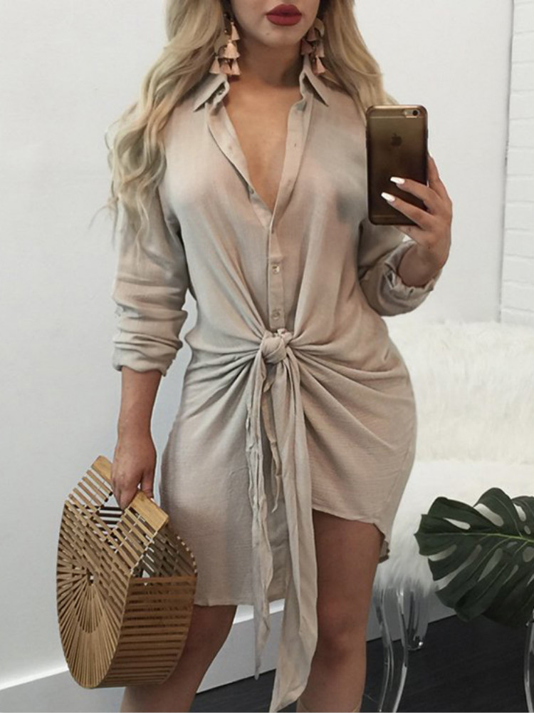 

Button Closure Knot Front Shirt Dress, Nude