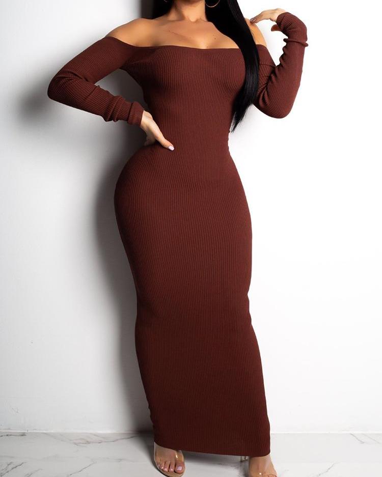

Off Shoulder Open Back Bodycon Dress, Coffee