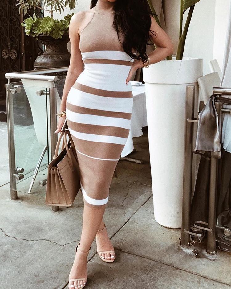 

Stripes High Neck Bodycon Dress, Nude
