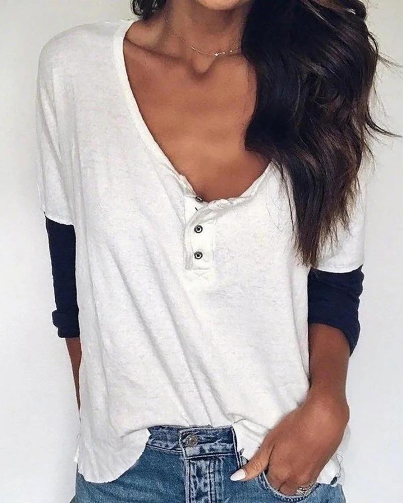 

Colorblock Bottoned Design Long Sleeve T-shirt, White