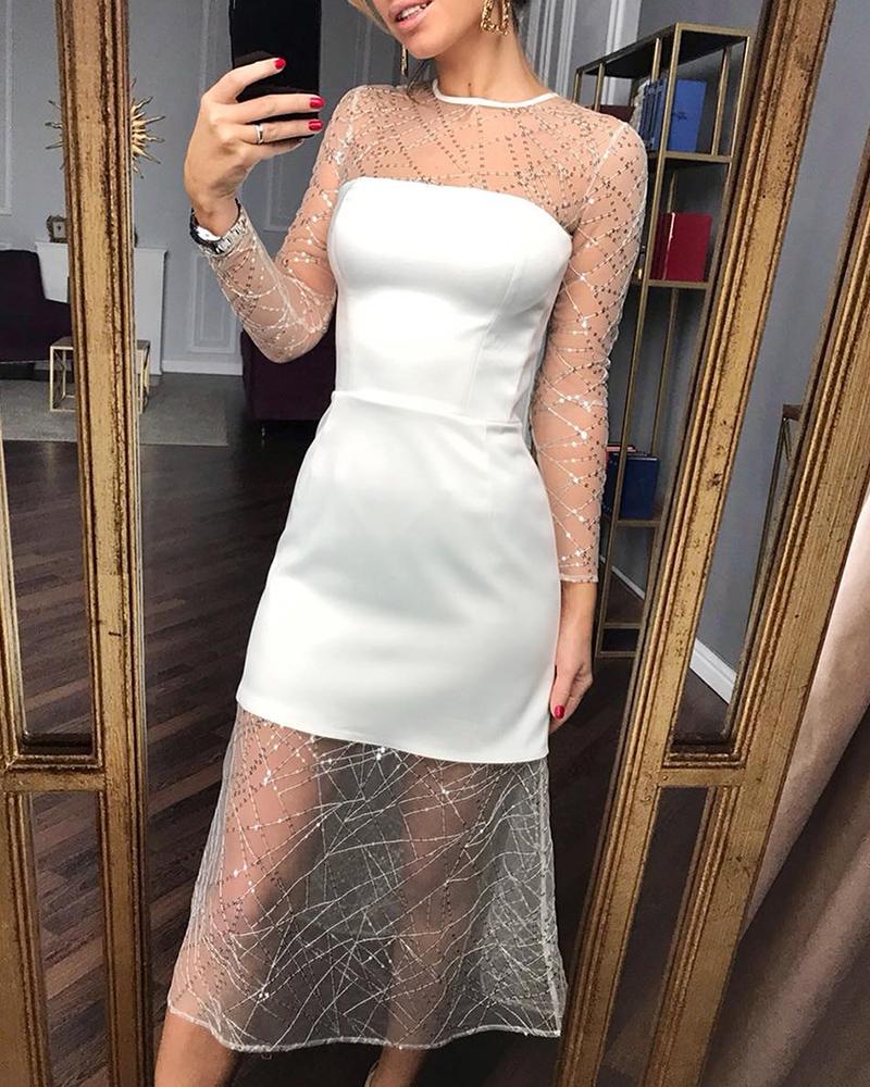 

Glitter Mesh Long Sleeve Party Dress, White