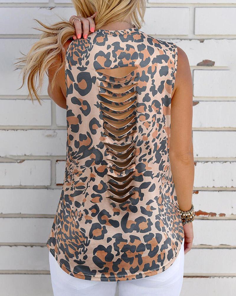 

Cheetah Print Ladder Cutout Back Sleeveless Top, Leopard