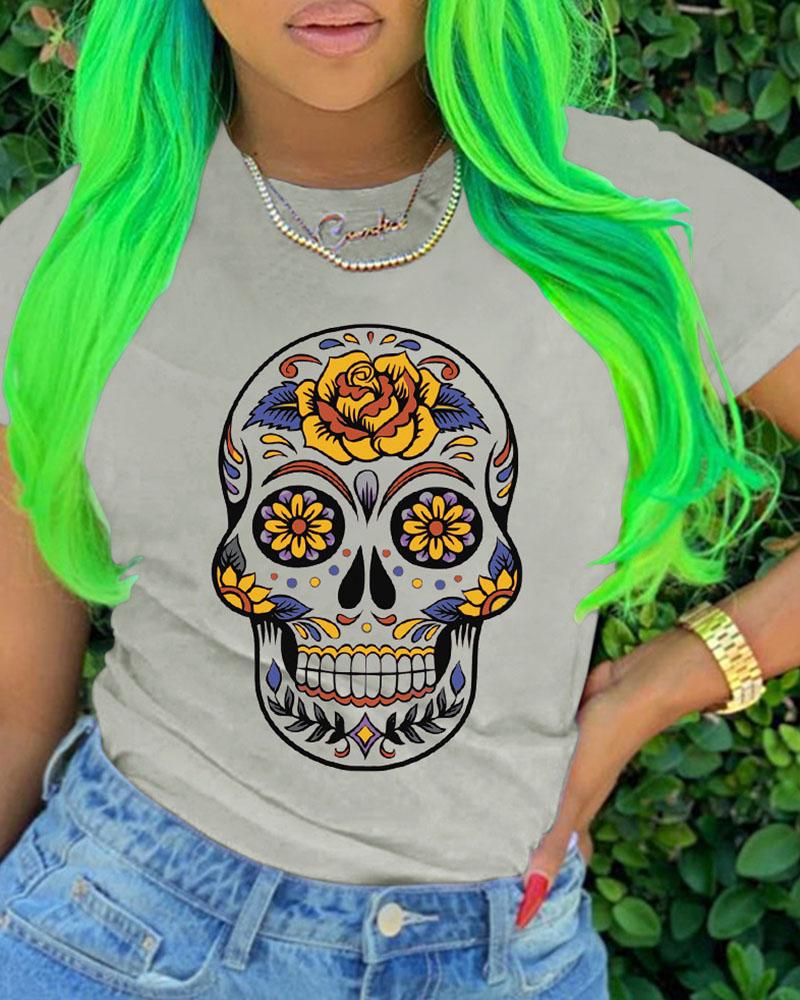 

Skull Figure Print Short Sleeve Casual T-shirt, Gray