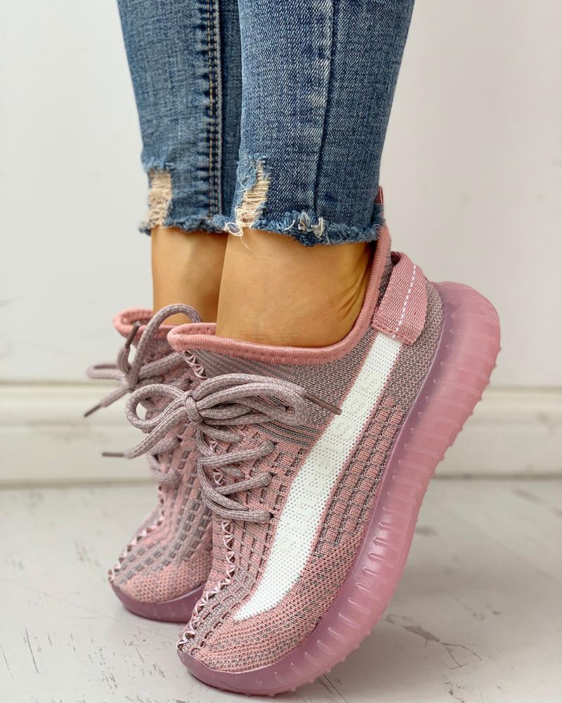 

Colorblock Breathable Lace-Up Casual Sneakers, Pink