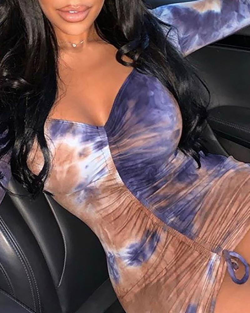 

Off Shoulder Tie Dye Print Dress, Brown