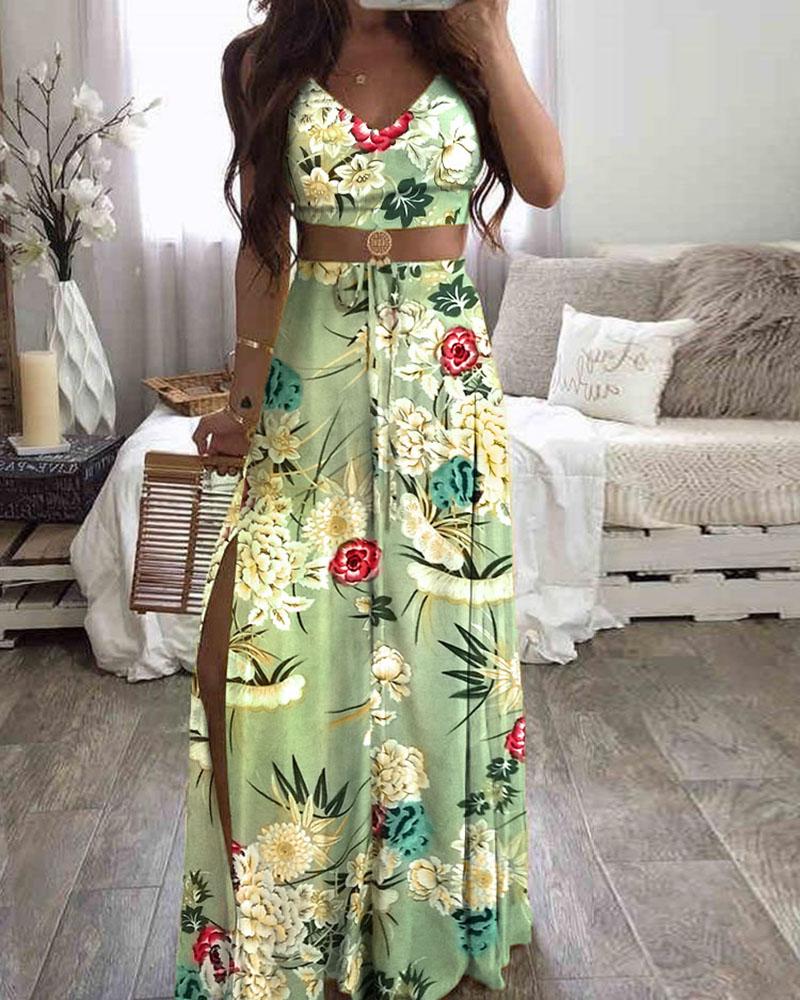 

Floral Print Cami Top & Thigh Slit Skirt Sets, Multicolor