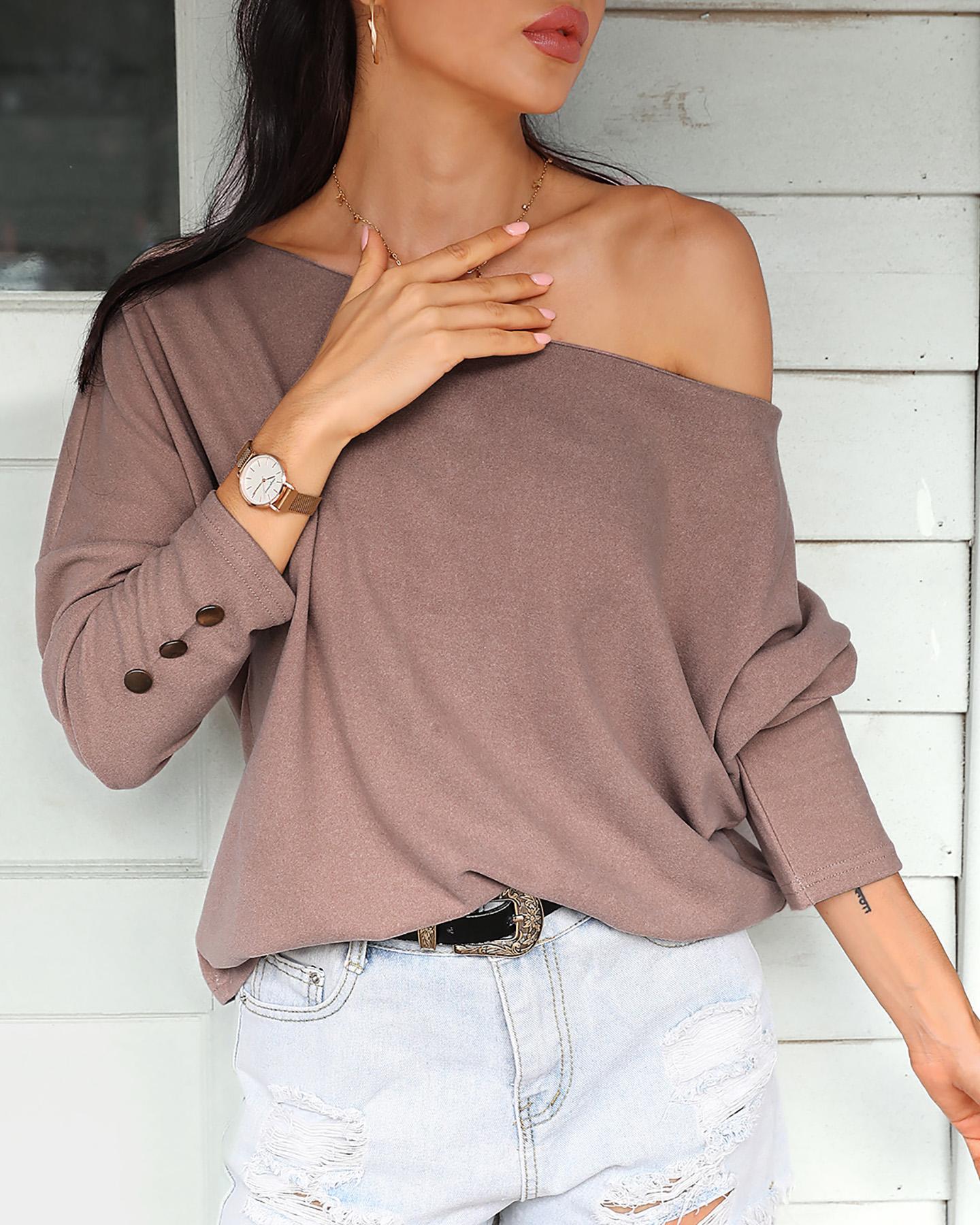 

Batwing Long Sleeve Buttoned Blouse, Coffee