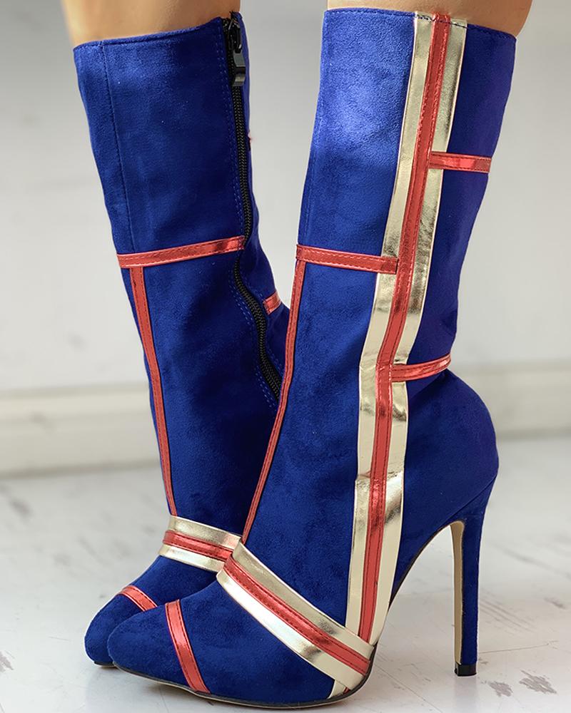 

Striped Design Pointed Toe Thin Heeled Boots, Blue