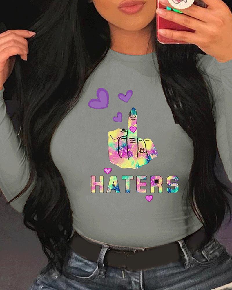 

Letter / Heart /Slogan Print Long Sleeve Casual T-shirt, Gray