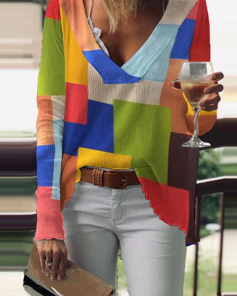

Colorblock Long Sleeve Frill Hem Casual Top, Multicolor