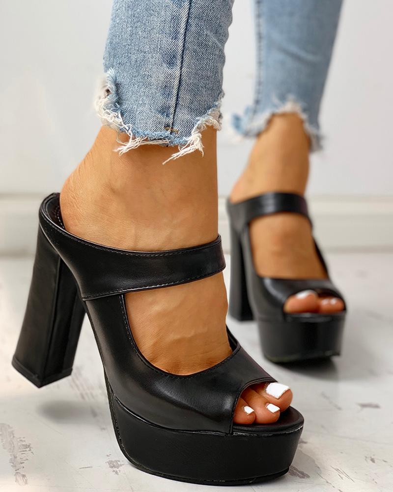 

Peep Toe Platform Chunky Heeled Sandals, Black