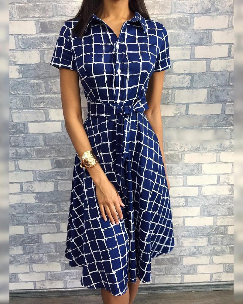 

Short Sleeve Grid Belted Casual Dress, Blue