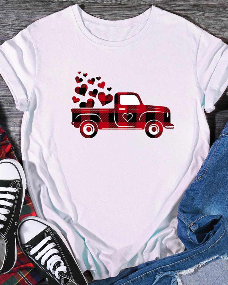 

Valentine' Day Plaid Car Heart Print T-shirt, White