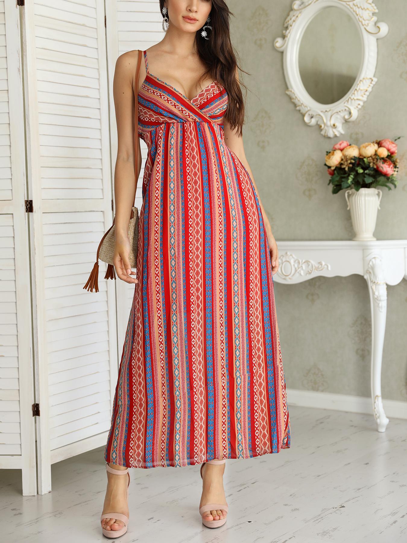 

Tribal Striped Print Spaghetti Strap Maxi Dress, Red