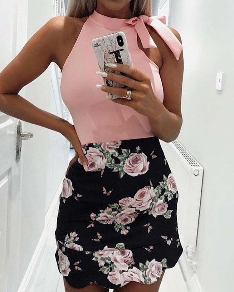

Sleeveless Tied Shoulder Print Splicing Mini Dress, Pink