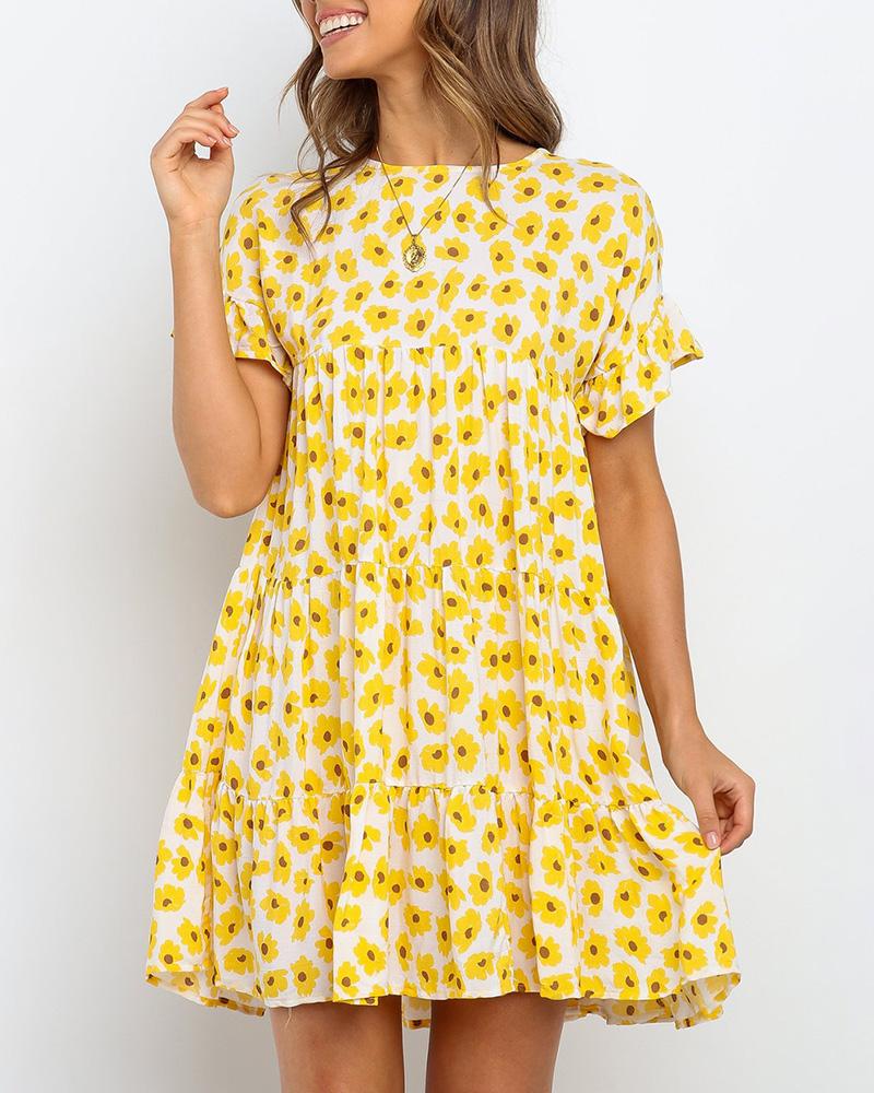 

Floral Print Ruffles Mini Dress, Yellow