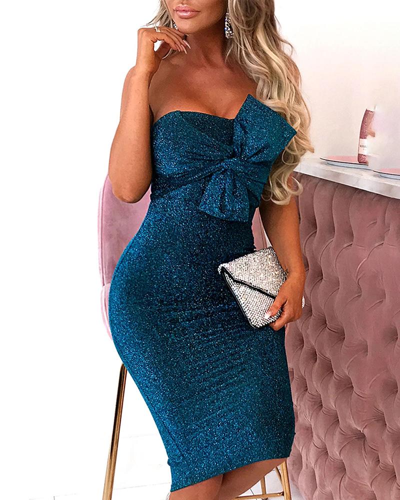

Glitter Off Shoulder Bowknot Bodycon Dress, Green