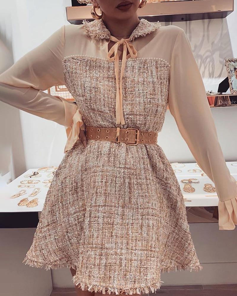 

Patchwork Ruffles Cuff Tied Neck Dress, Nude