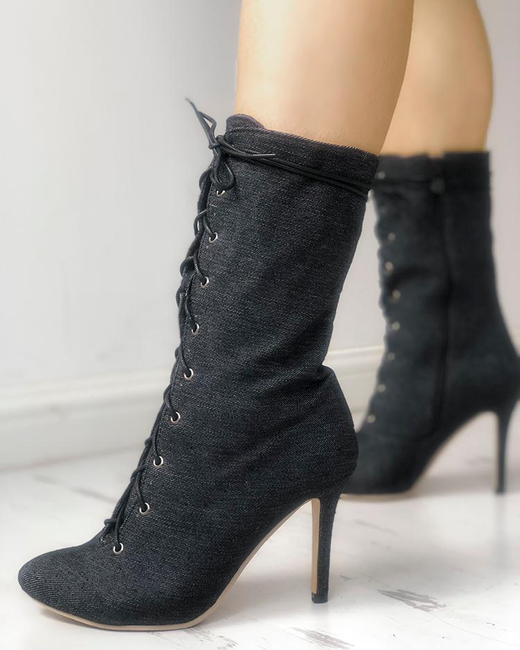 

Solid Lace-Up Eyelet Pointed Toe Heeled Boots, Black