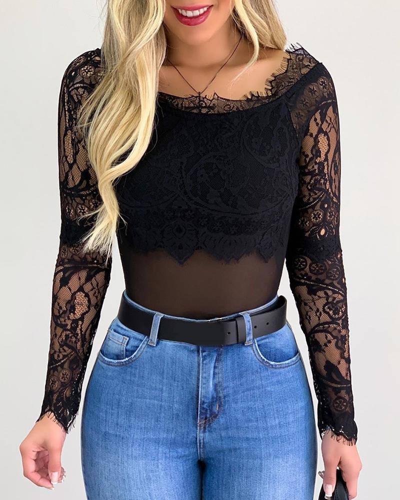 

Eyelash Lace Square Neck Long Sleeve Blouse, Black
