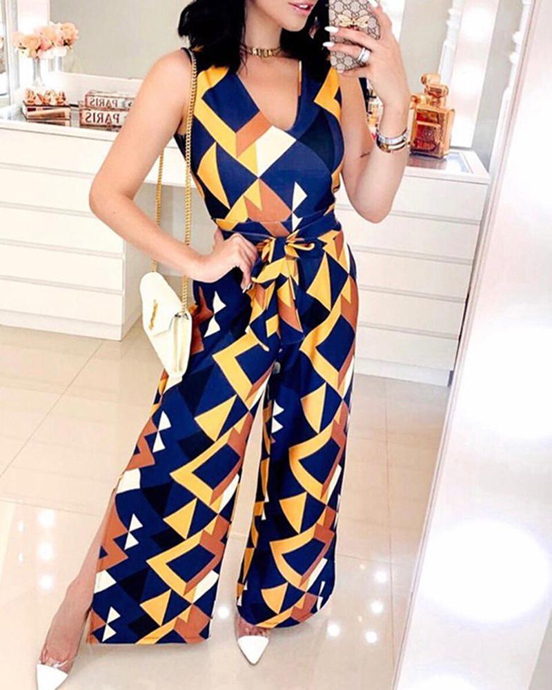 

Colorful Geo Print Slit Leg jumpsuit, Blue