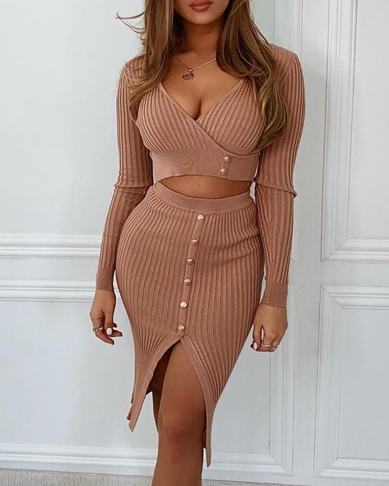 

Long Sleeve Knit Slit Top & Skirt Set, Pink